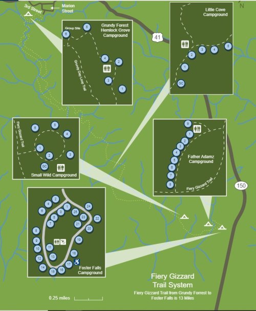 Map of the Fiery Gizzard Trail System, showing campgrounds and trails in the area, including Foster Falls and Little Cove.