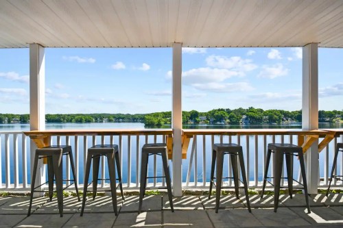 A serene lakeside view from a porch with bar stools overlooking calm water and lush greenery.