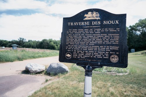 Historical marker for Traverse des Sioux, detailing its significance in Native American history and treaties.