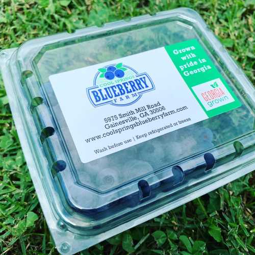 Clear plastic container of fresh blueberries with a label reading "Blueberry Farm, Grown with Pride in Georgia."