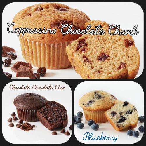 Three types of muffins: Cappuccino Chocolate Chunk, Chocolate Chocolate Chip, and Blueberry, displayed with ingredients.
