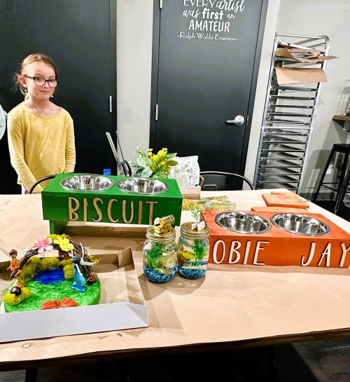 A child stands beside colorful pet food bowls labeled "Biscuit" and "Hobie Jay," with decorative items on a table.