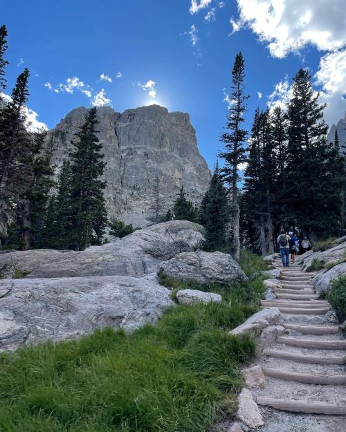 A rocky path leads through tall trees towards a towering mountain under a blue sky with scattered clouds.