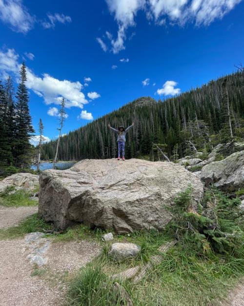 A child stands on a large rock with arms raised, surrounded by trees and a blue sky with fluffy clouds.