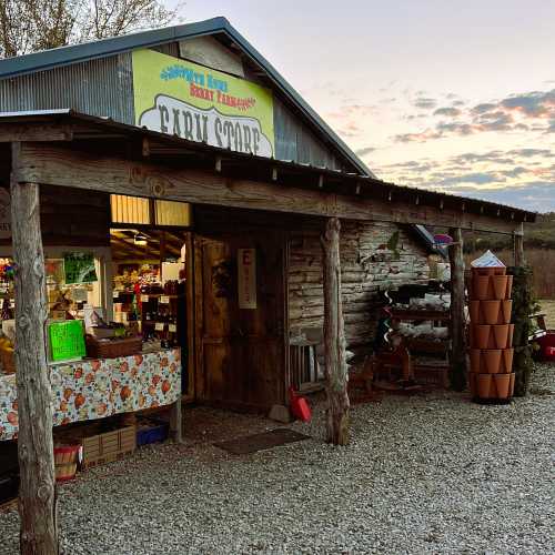 A rustic farm store with a wooden exterior, colorful signs, and a gravel path, set against a sunset sky.