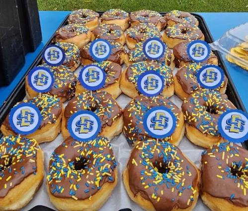A tray of chocolate-covered donuts topped with blue and yellow sprinkles and circular blue logos.