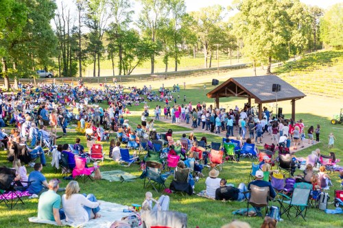 A large crowd gathers on a grassy area for an outdoor event, with a stage and trees in the background.