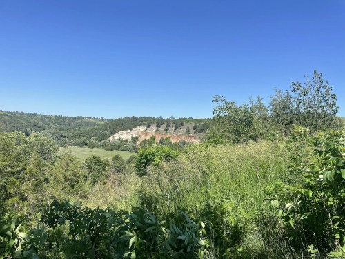 A scenic view of a green landscape with a rocky cliff under a clear blue sky. Lush vegetation in the foreground.
