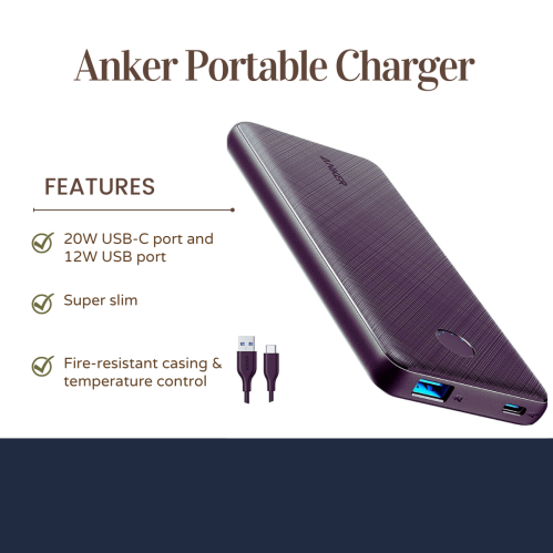 Anker portable charger with 20W USB-C and 12W USB ports, featuring a slim design and fire-resistant casing.