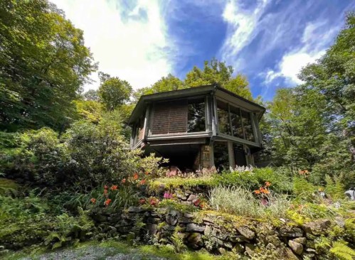 A modern, glass-walled house surrounded by lush greenery and colorful flowers under a bright blue sky.