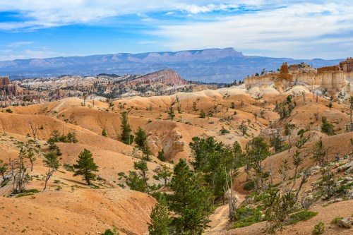 A scenic view of rugged, orange-hued terrain with scattered trees and distant mountains under a blue sky.