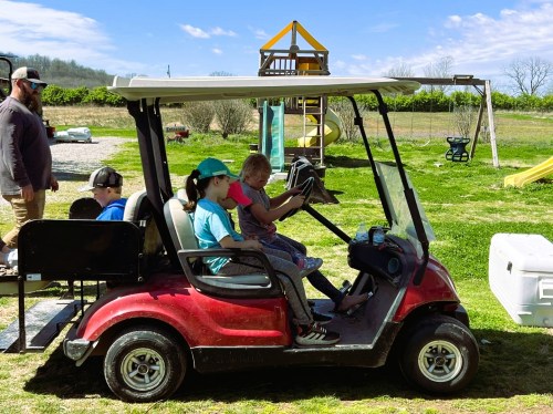 A red golf cart with three children inside, while an adult stands nearby in a grassy area with playground equipment in the background.