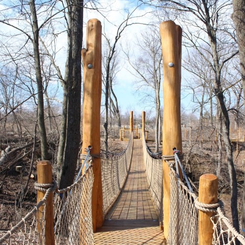 A wooden suspension bridge with tall posts, surrounded by bare trees and a clear blue sky.