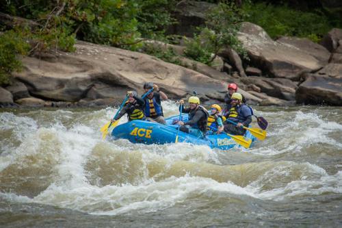 A group of people white-water rafting in a blue raft on a turbulent river, surrounded by rocky terrain and greenery.
