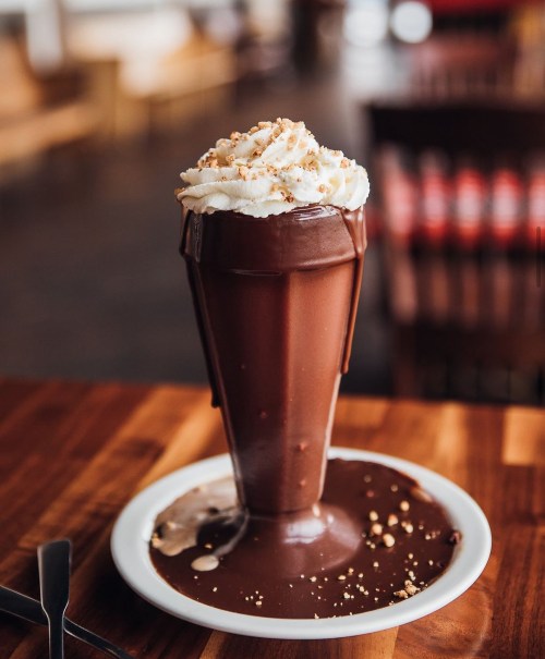 A tall chocolate milkshake topped with whipped cream and crushed nuts, overflowing onto a plate.