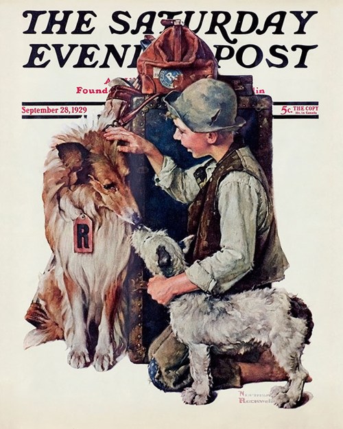 A boy interacts with a lion and a dog, set against a vintage backdrop, on the cover of The Saturday Evening Post, 1929.