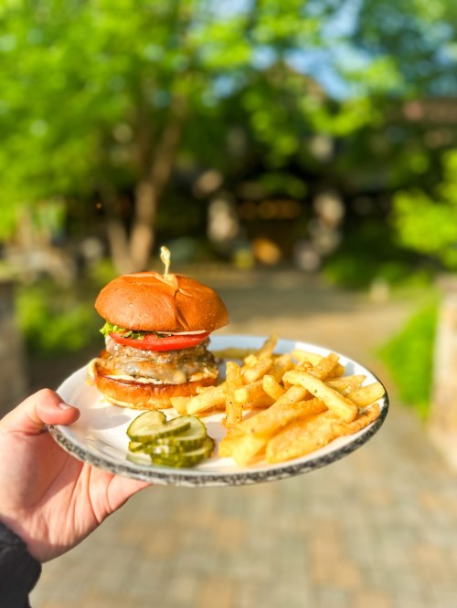 A hand holds a plate with a burger, pickles, and fries, set against a blurred outdoor background.