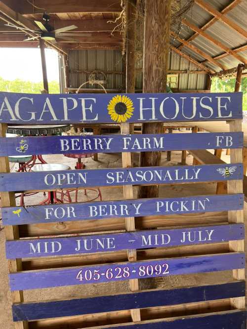 Sign for Agape House Berry Farm, open seasonally for berry picking from mid-June to mid-July. Contact: 405-628-8092.