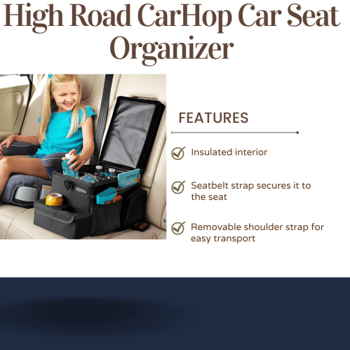 A girl sits in a car next to a High Road CarHop Car Seat Organizer, showcasing its features and storage options.
