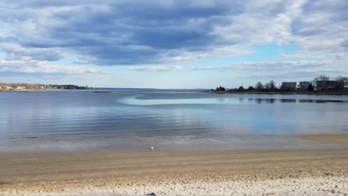 A calm lake with a sandy shore, under a cloudy sky, reflecting the landscape and distant houses.