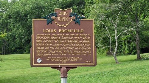 Historical marker for Louis Bromfield in Ohio, detailing his contributions as an author and conservationist.