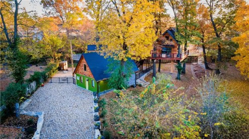 Aerial view of a colorful cabin surrounded by autumn trees and a stone pathway.