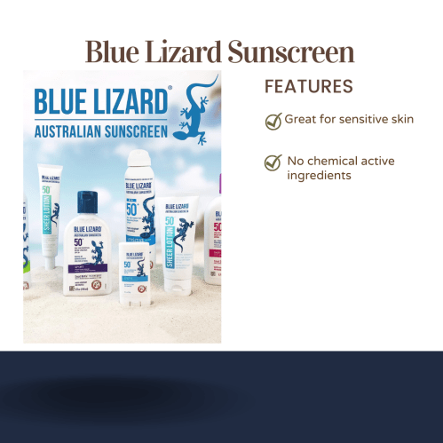 Image of Blue Lizard Sunscreen products with features highlighting sensitivity and lack of chemical active ingredients.