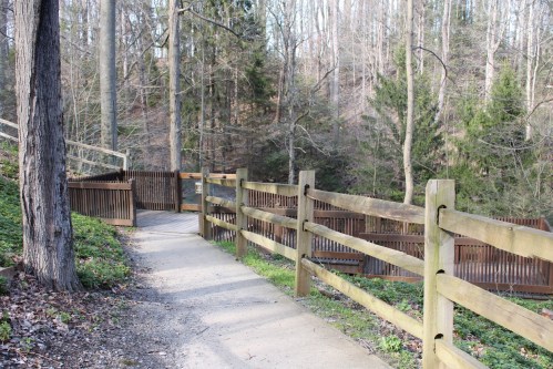 A winding path through a wooded area, bordered by a wooden fence and surrounded by trees.