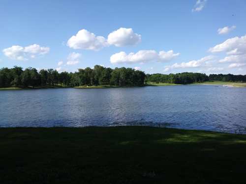 A serene lake surrounded by lush green trees under a blue sky with fluffy white clouds.
