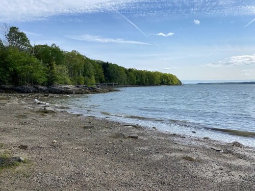 A serene beach scene with rocky shorelines, gentle waves, and lush green trees under a clear blue sky.