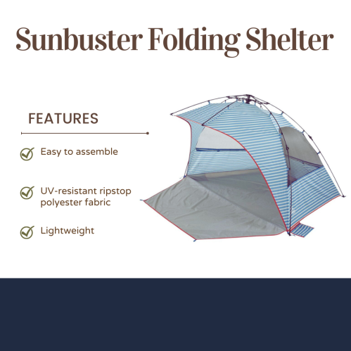 Alt text: A Sunbuster Folding Shelter with a striped design, showcasing its easy assembly, UV resistance, and lightweight features.