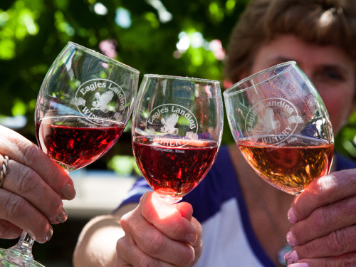 Three people clink wine glasses filled with red and rosé wine, surrounded by greenery.