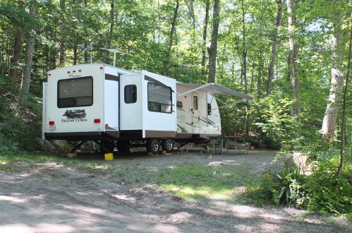 A parked travel trailer in a wooded area, surrounded by trees and greenery, with an awning extended.