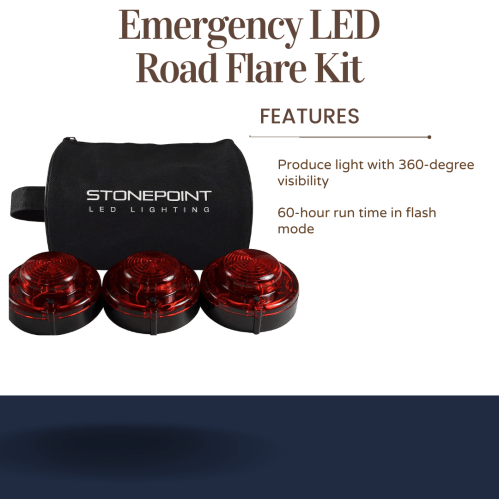 Emergency LED road flare kit with three red flares and a carrying pouch, offering 360-degree visibility and 60-hour flash mode.