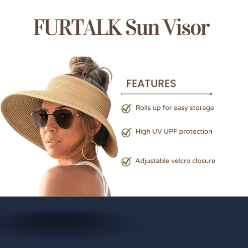 A woman wearing a stylish sun visor and sunglasses, showcasing the visor's features and benefits.