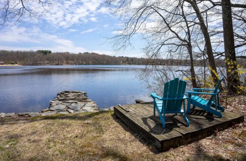 Two blue Adirondack chairs sit on a wooden deck by a calm lake, surrounded by trees and a clear sky.
