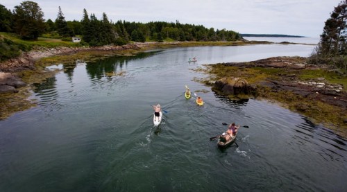 Aerial view of kayakers paddling through a calm, scenic waterway surrounded by trees and rocky shores.