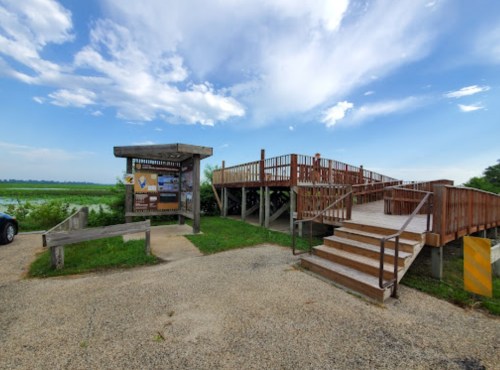A wooden observation deck with stairs, overlooking a grassy area and water under a blue sky with clouds.