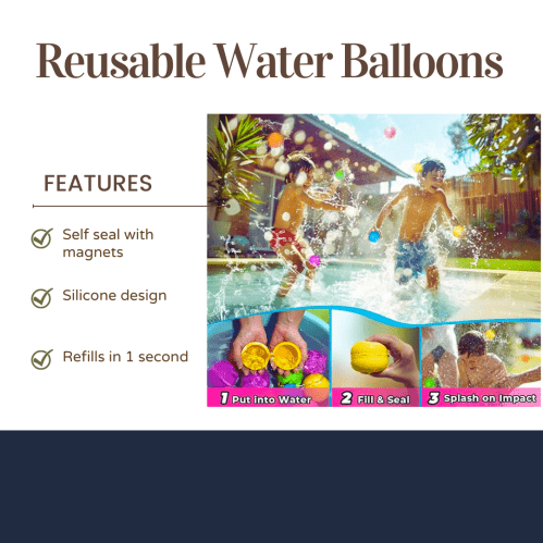 Image of reusable water balloons with features listed: self-sealing, silicone design, and quick refilling instructions.