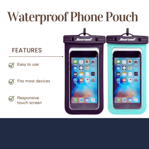 Two waterproof phone pouches in black and teal, showcasing features like easy use, device compatibility, and touch screen responsiveness.