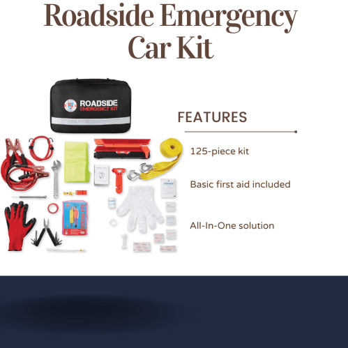 Image of a roadside emergency car kit with various tools and supplies, including a first aid kit and jumper cables.