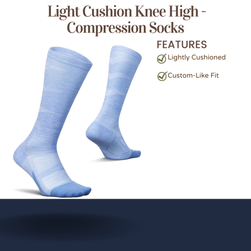 Light blue knee-high compression socks with a lightly cushioned design and custom-like fit.