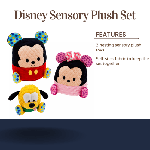 Disney Sensory Plush Set featuring Mickey, Minnie, and Pluto. Soft, nesting toys with self-stick fabric for easy storage.