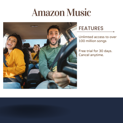 A happy group of friends enjoying a car ride, promoting Amazon Music's features and free trial offer.