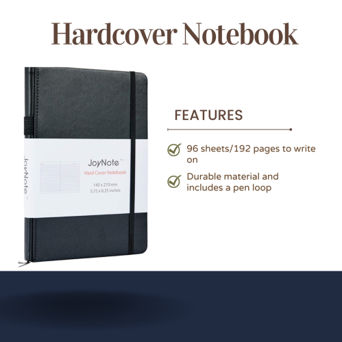 A black hardcover notebook with 192 pages, featuring a pen loop and a label for writing details.