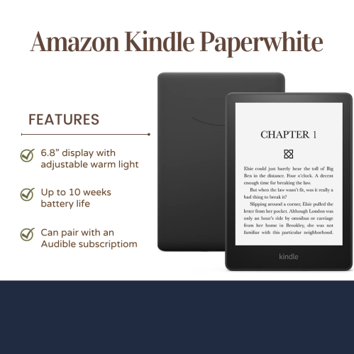 Image of an Amazon Kindle Paperwhite with features listed: 6.8" display, adjustable warm light, 10-week battery life, Audible pairing.