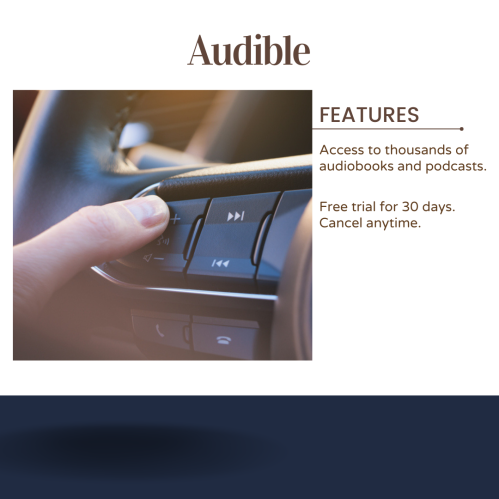 A hand adjusting audio controls in a car, with text about Audible's features and free trial offer.