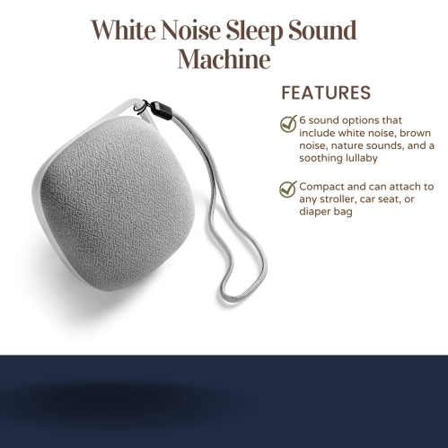 A compact white noise sleep sound machine with a strap, featuring 6 soothing sound options for better sleep.