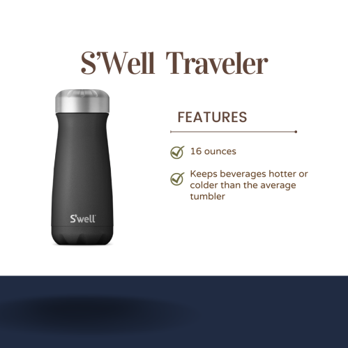 A sleek black S'well Traveler tumbler, 16 ounces, designed to keep beverages hot or cold. Features listed beside it.