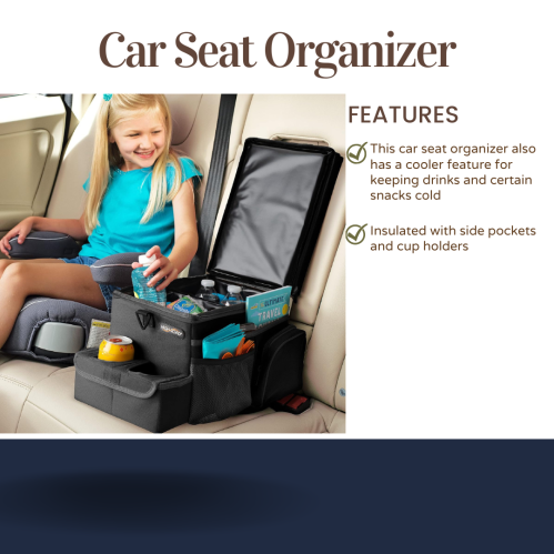 A child sits in a car with a car seat organizer featuring pockets, cup holders, and a cooler for snacks and drinks.